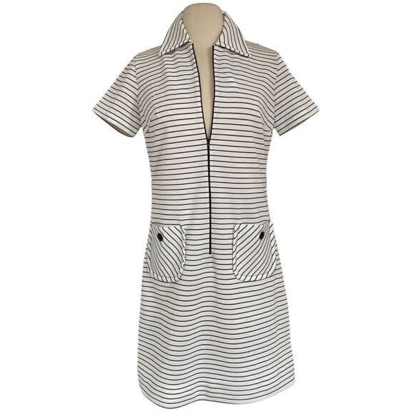 True Vintage Preppy 60s / 70s Front Zip Striped Polo Knit Dress with Pockets - Picture 3 of 10